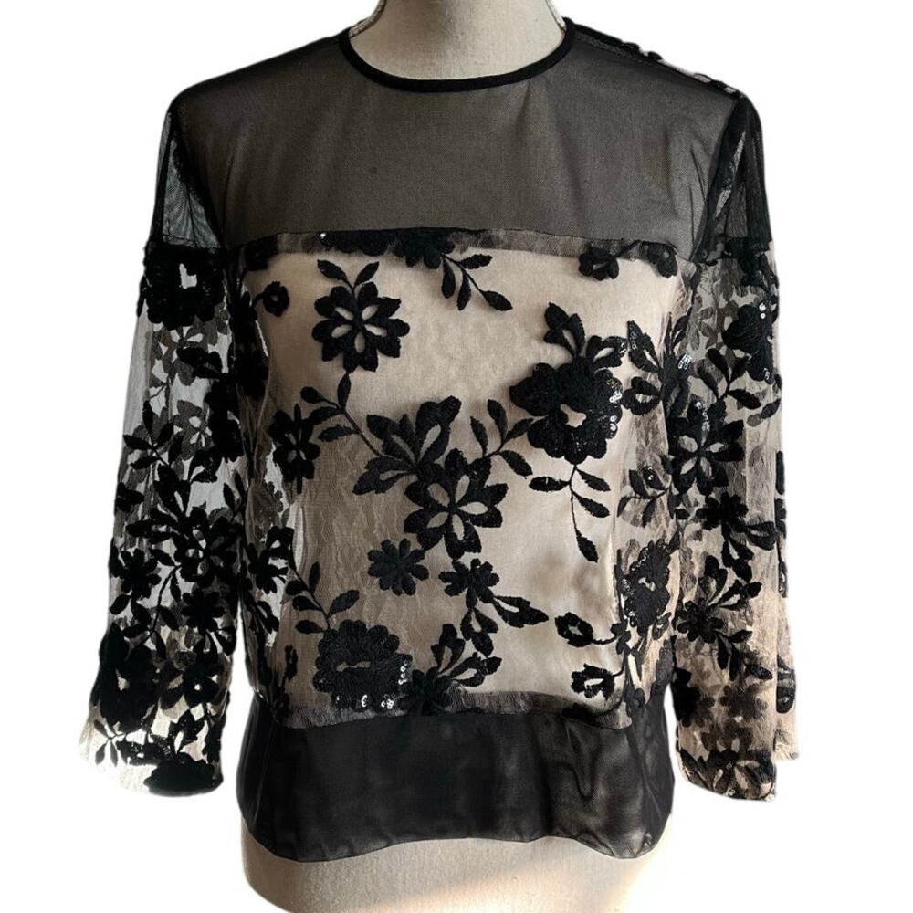Lace sz 12 Sheer Floral Sequin Top Victorian Whimsigoth Dark Fairy Goth Blouse